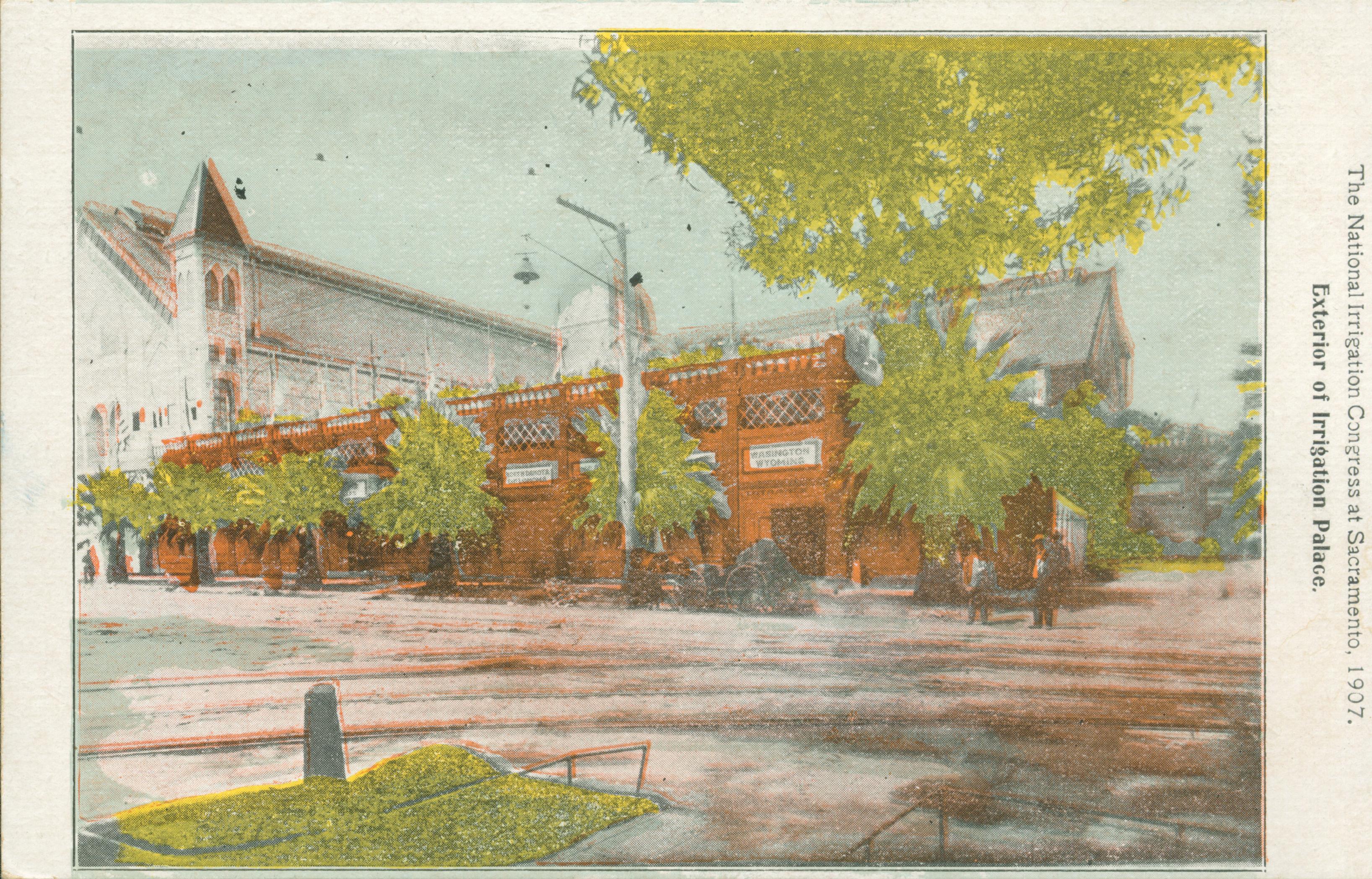 This postcard shows a side view of the Irrigation Palace in Sacramento.